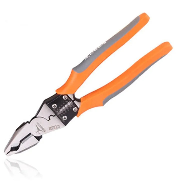 Orange multi-function wire cutter pliers with alloy steel jaws and textured PVC handles.
