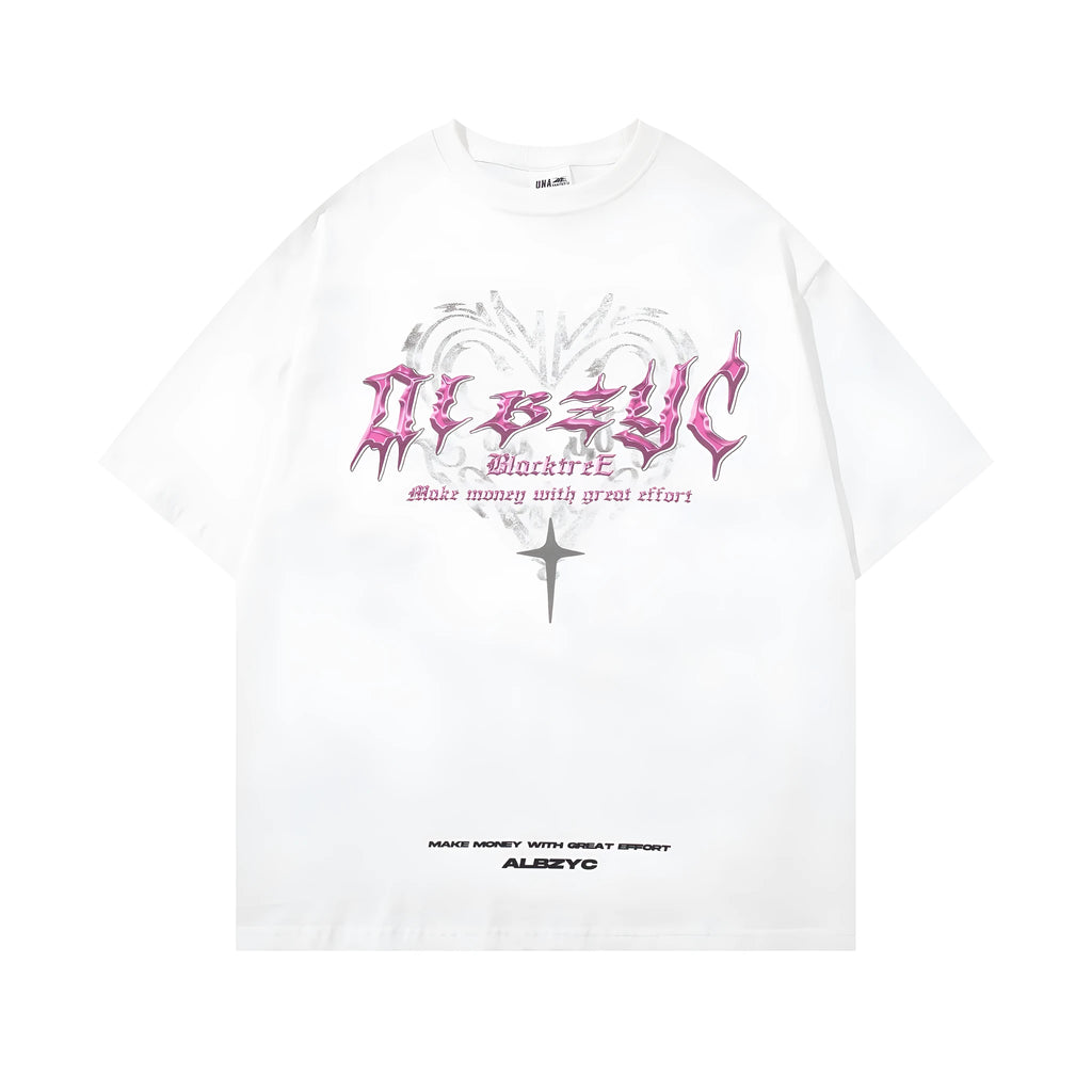 Retro design printed men's cotton t-shirt in black, showing loose fit and short sleeves.
