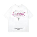 Retro design printed men's cotton t-shirt in black, showing loose fit and short sleeves.
