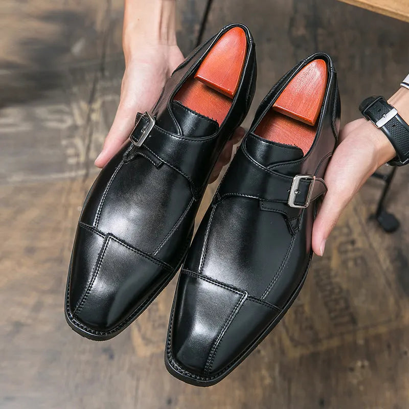 Men's British style retro buckle casual leather shoes in brown blue and black colours with tall crown design