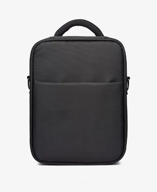 Black oxford fabric men's messenger bag with shoulder strap and carry handle.