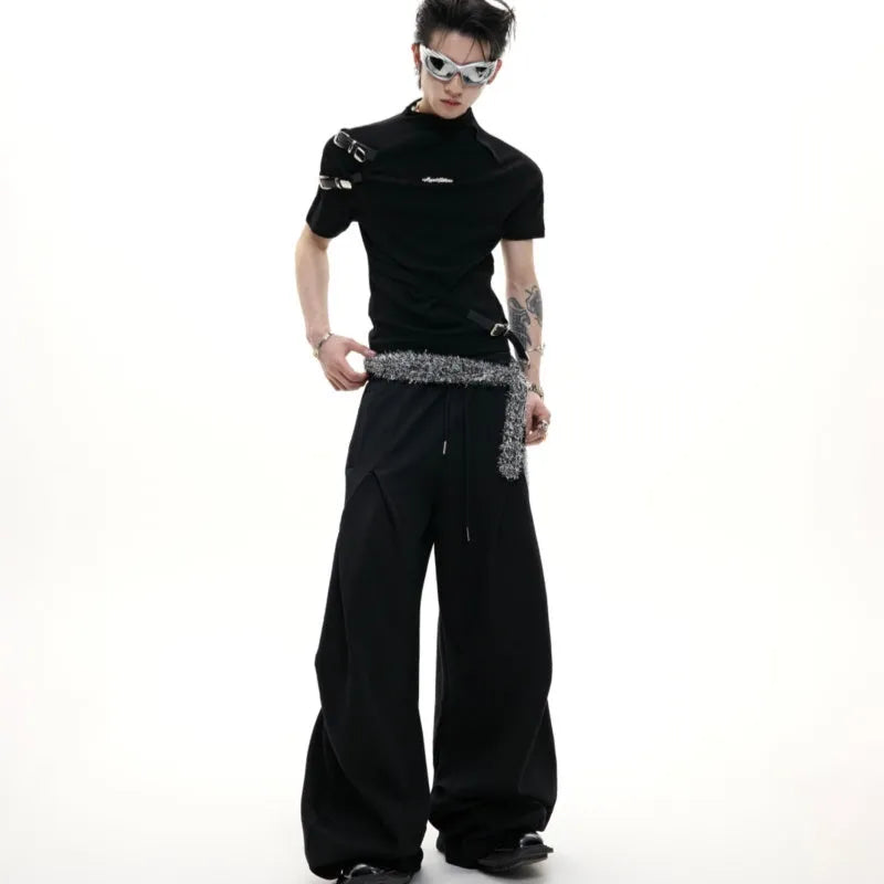 Men's black cotton T-shirt with metal belt design and small stand-up collar, slim fit short sleeve