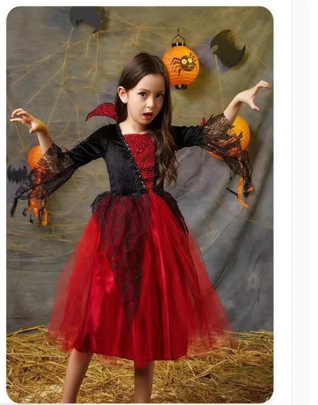 Children's witch costume set with cape and dress in polyester fibre blend, multiple sizes 90-170cm