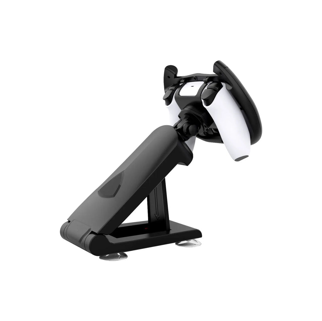 Black ABS plastic gamepad steering wheel bracket with suction cup for mounting a mobile phone.