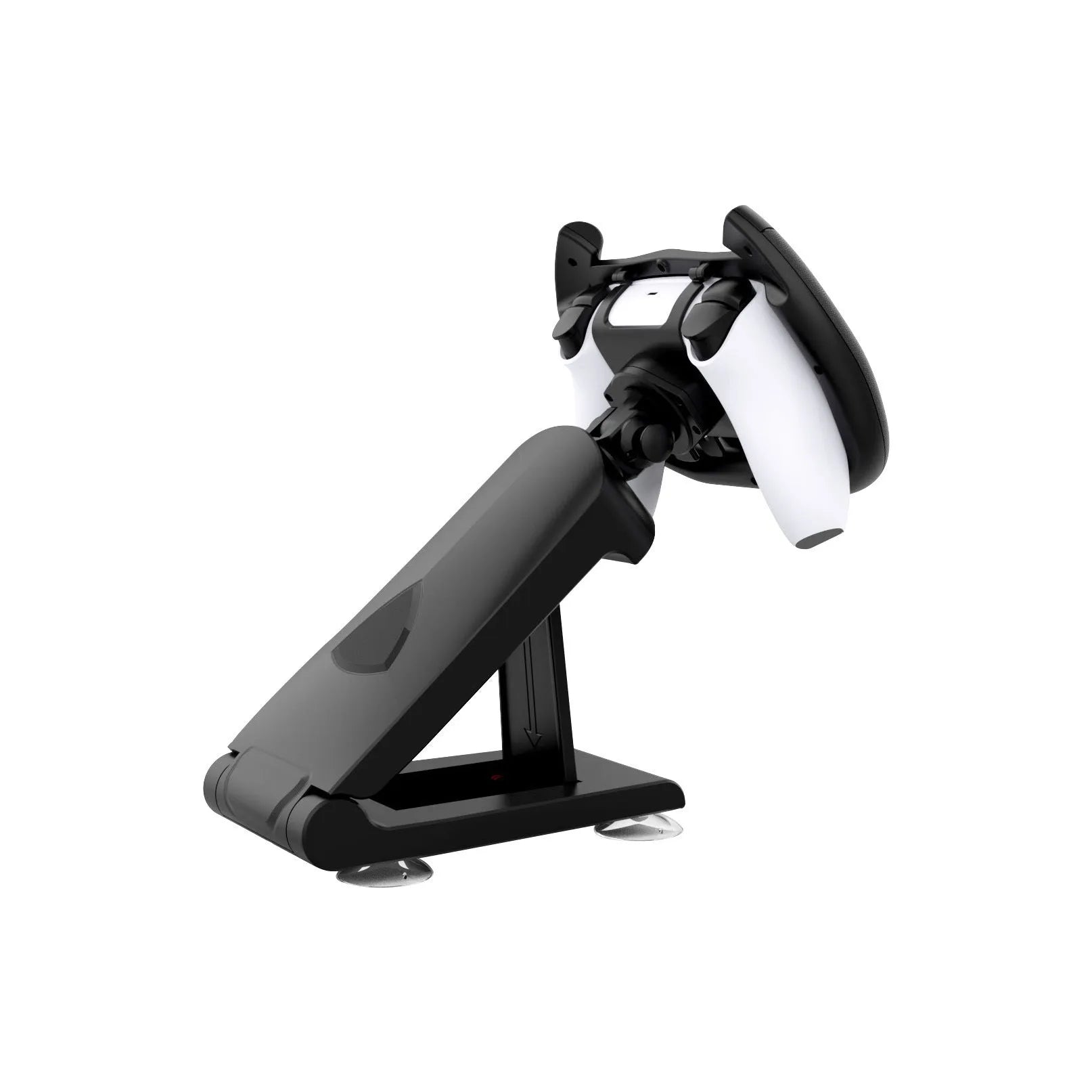 Black ABS plastic gamepad steering wheel bracket with suction cup for mounting a mobile phone.