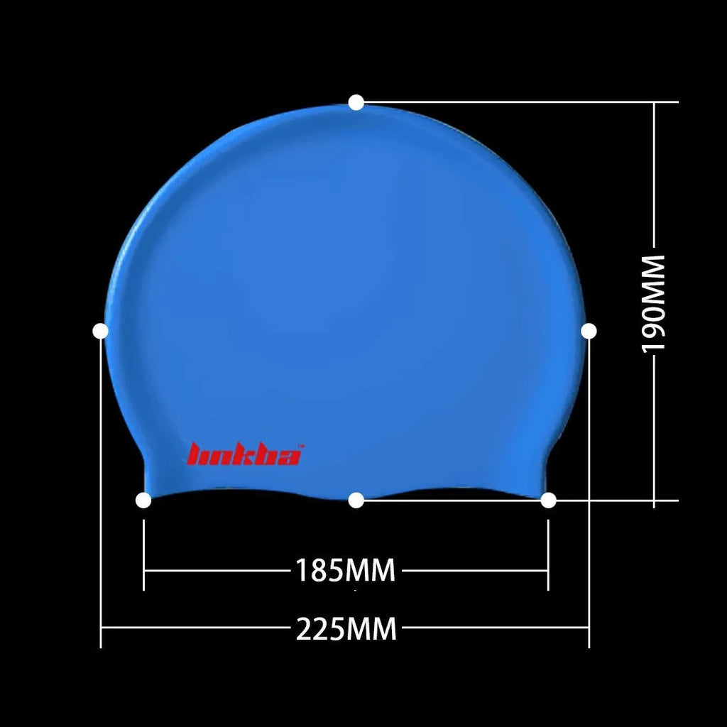 Silicone swimming cap with waterproof earmuffs in multiple colours on a blue background.