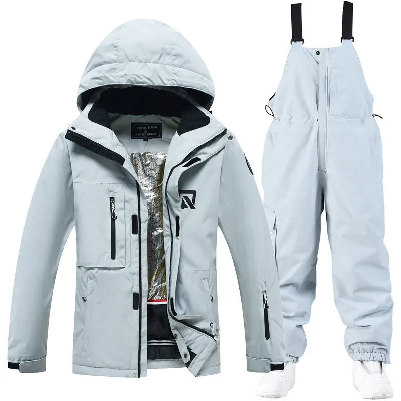 Men's and women's winter ski suit in blue and black colour combination for snow sports