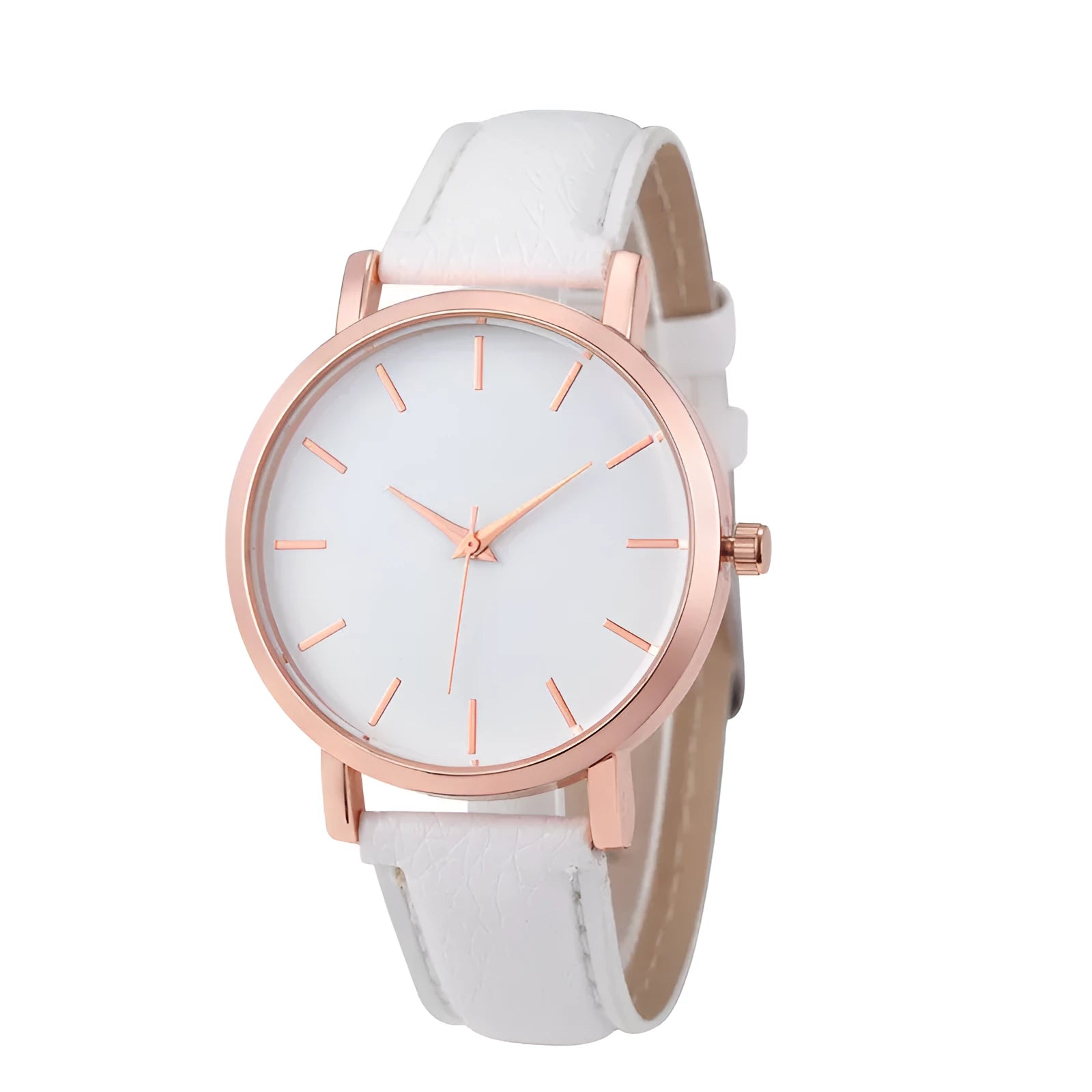 Square alloy case quartz watch with PU leather strap in various colours including grey, green, pink, and black.