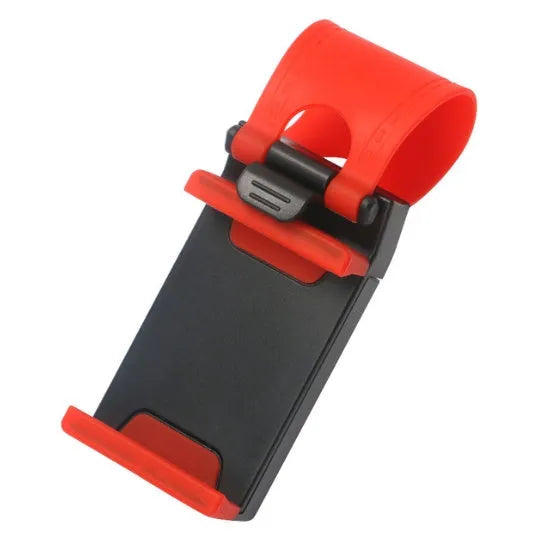 Black car steering wheel clip mount holding smartphone for hands-free driving