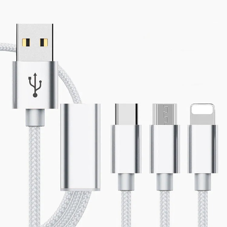 Black three-in-one Micro USB charging cable with three connectors, measuring 1.2 metres long.