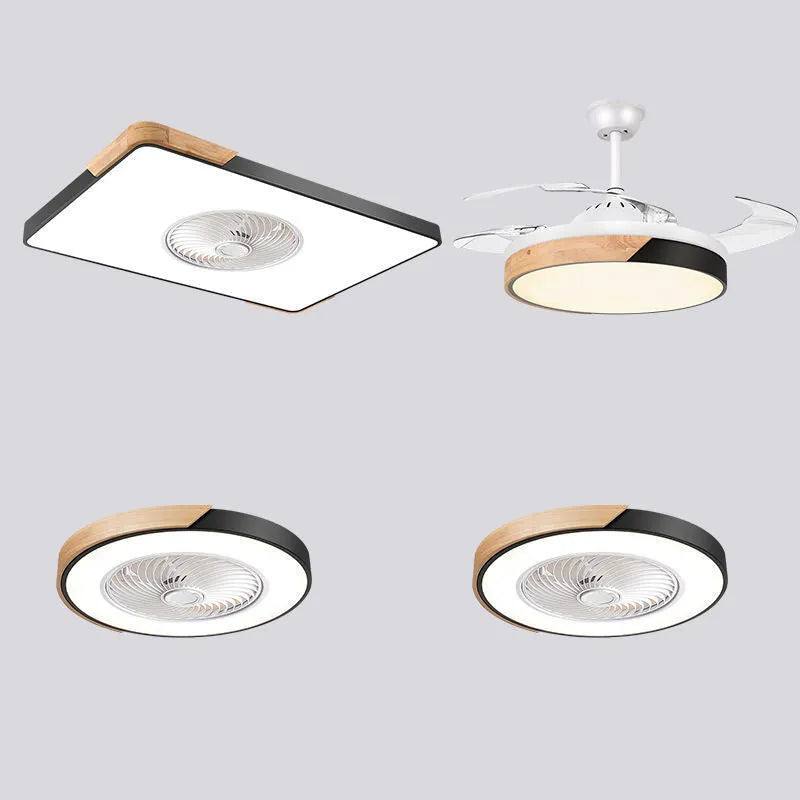 Nordic ceiling fan light with solid wood frame shown in rectangular, round, and square shape options.
