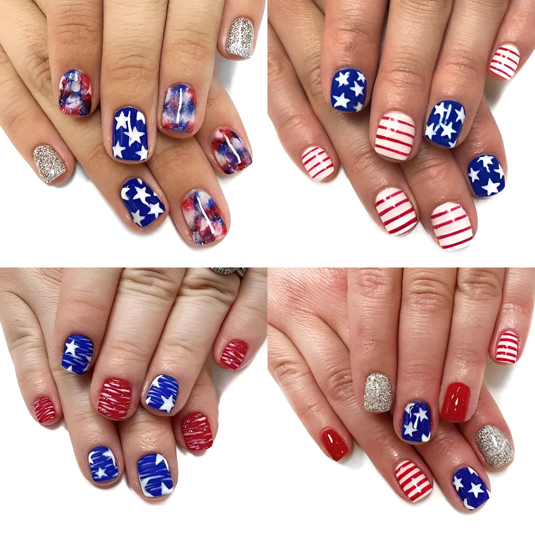False nail tips with red and blue glitter multicolour finish in Independence Day holiday theme