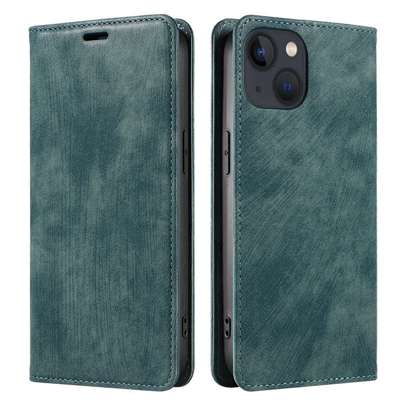 Magnetic flip phone case in solid colour for iPhone, showing TPU frame and leather cover.