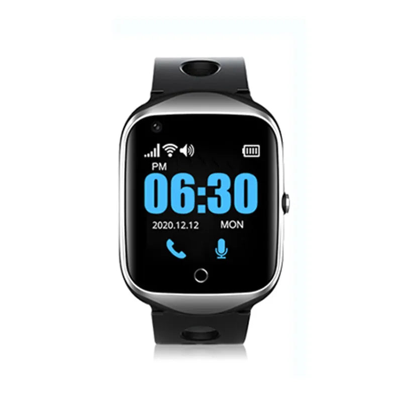 Square dial phone watch for elderly with silicone strap and 1.3-inch screen in black, blue or silver colours