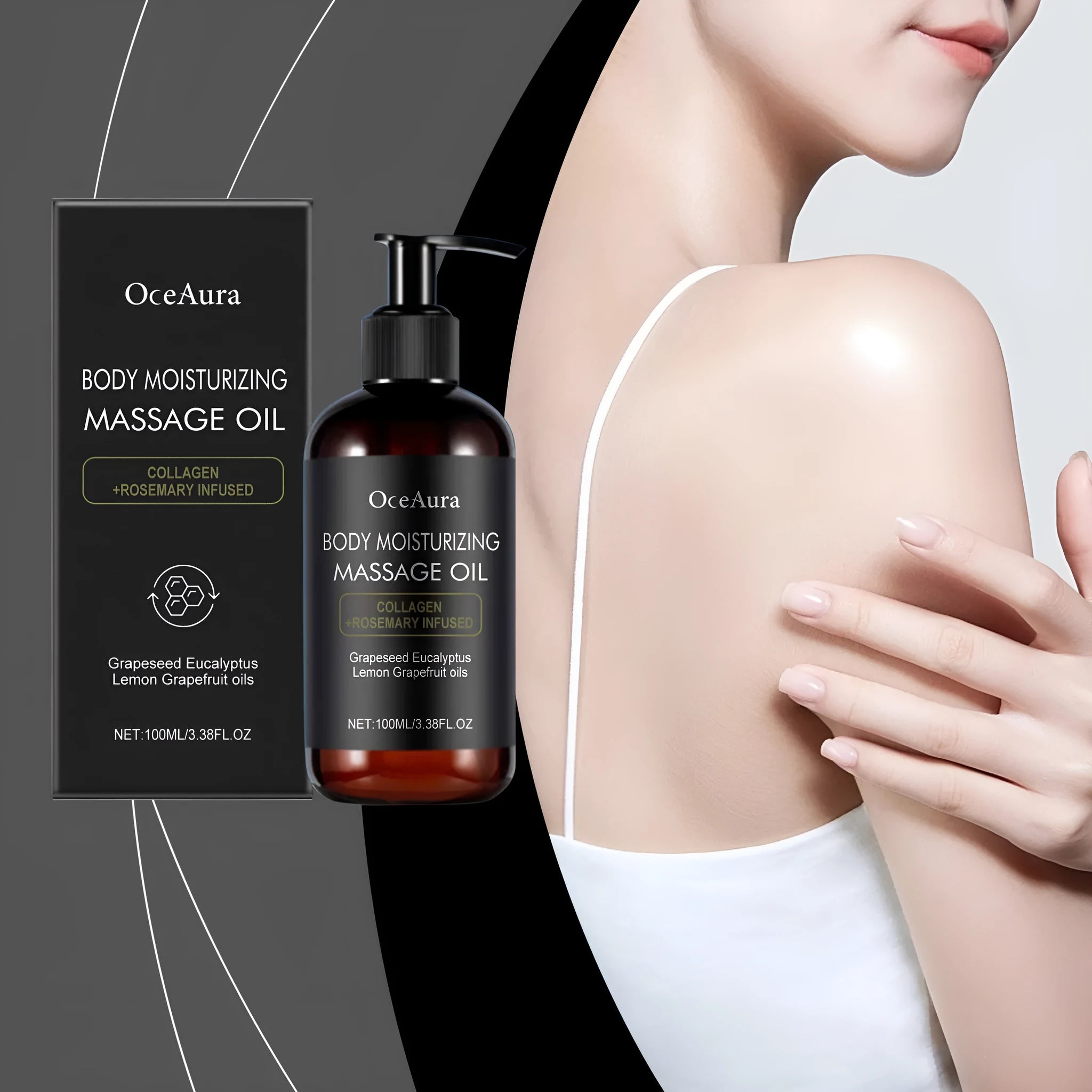 100ml bottle of moisturising massage oil with collagen and vitamin E