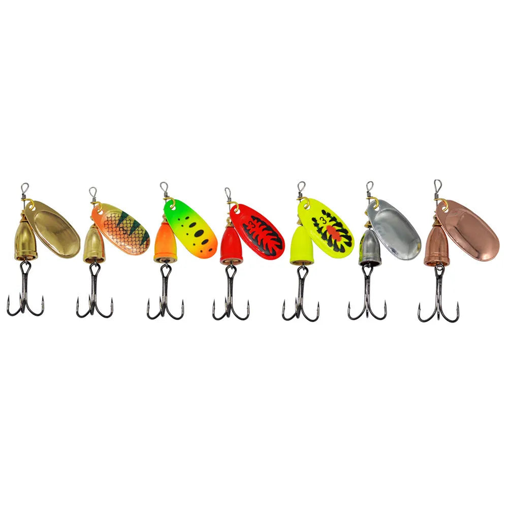 R composite rotating sequins copper bell fishing lure in 3# size showing seven colour options