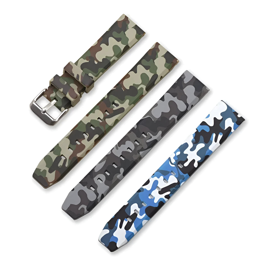 Camouflage silicone watch strap in green, blue and grey patterns for 20mm, 22mm and 24mm watch lugs