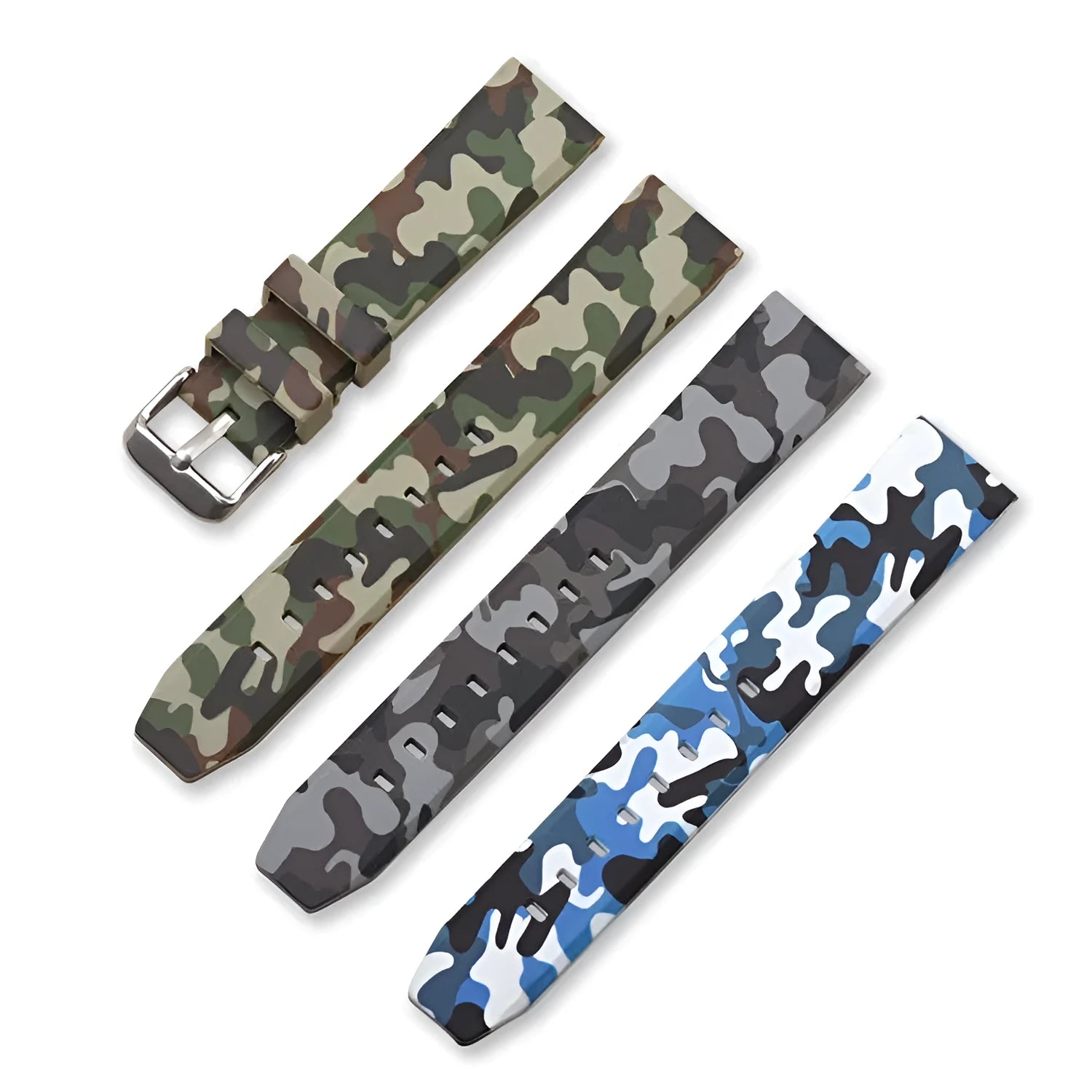 Camouflage silicone watch strap in green, blue and grey patterns for 20mm, 22mm and 24mm watch lugs