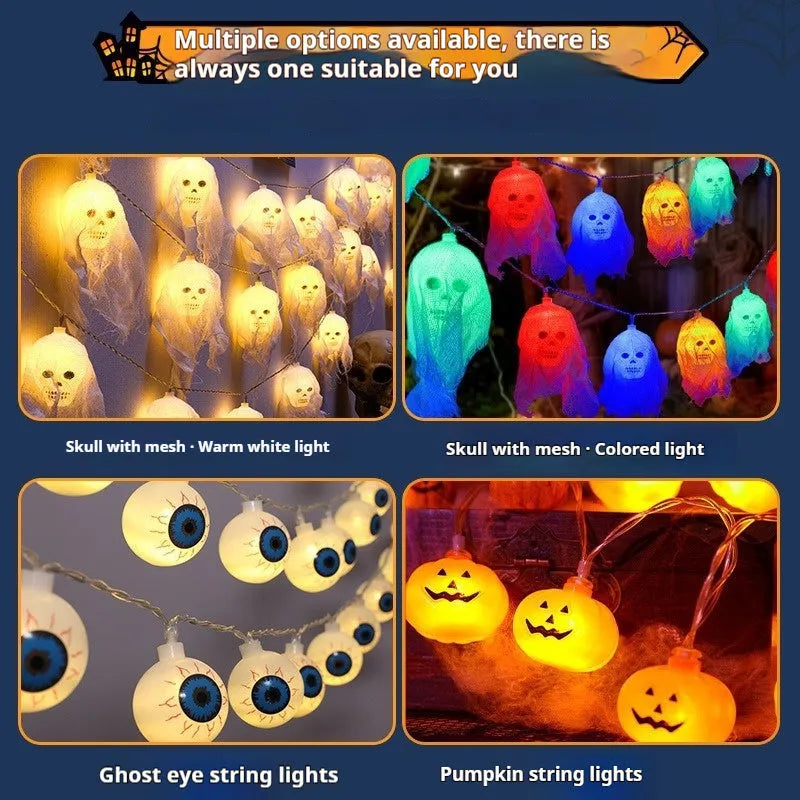 Halloween battery-operated LED string lights in coloured or warm white options for wall decoration