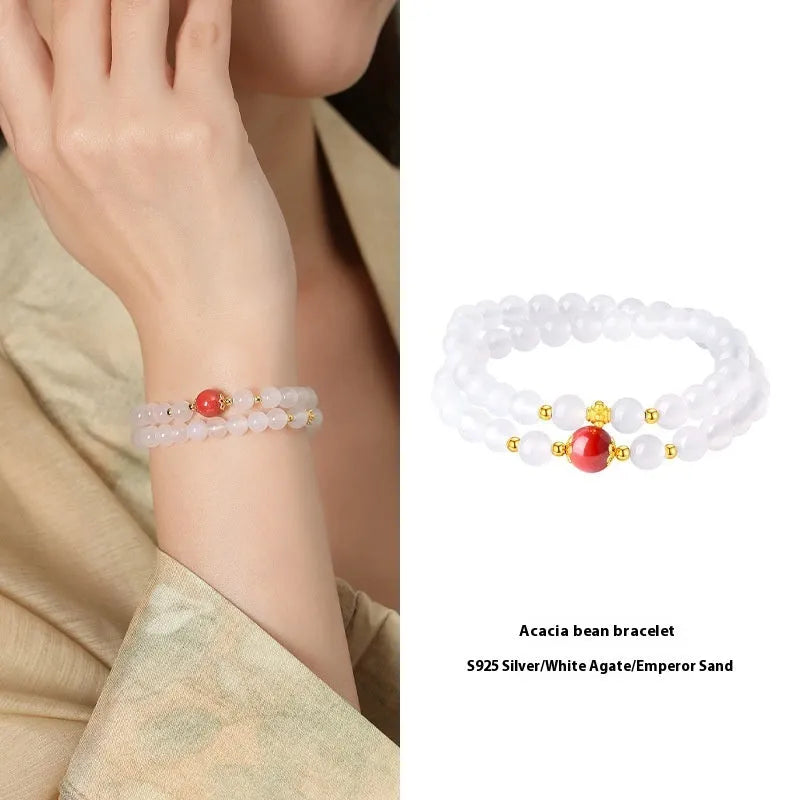 Polished white agate double-layer bracelet for women with 6mm geometric beads and cinnabar accents