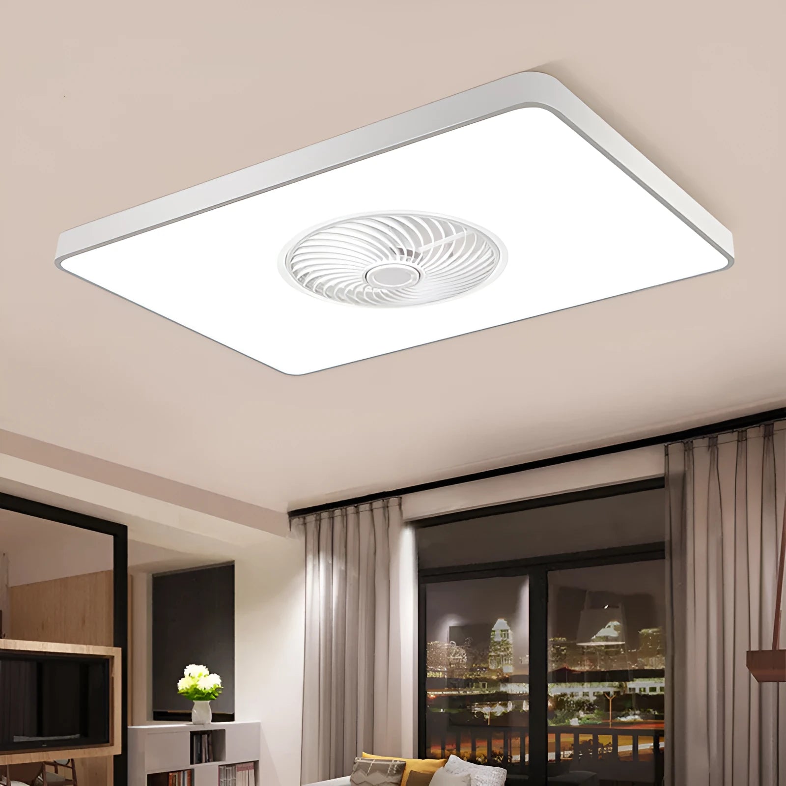 Nordic ceiling fan light with solid wood frame shown in rectangular, round, and square shape options.