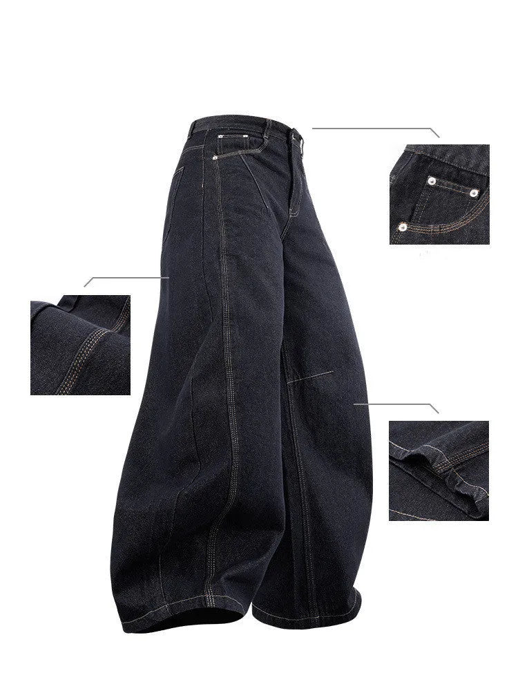 Men's wide leg denim trousers in original cow colour showing mid-waist design and cotton fabric