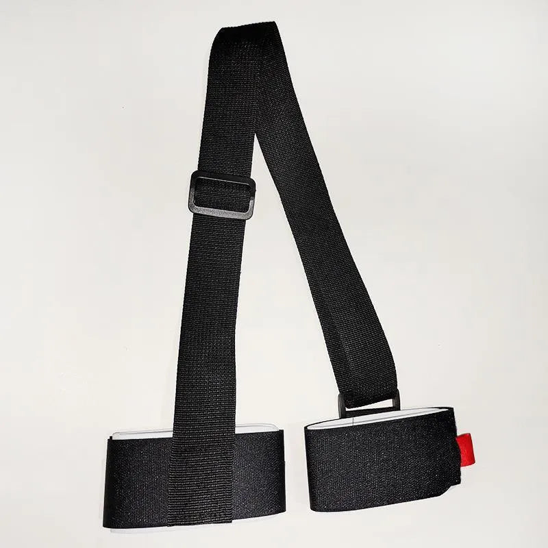 Adjustable hook and loop shoulder strap for a portable sled, shown in multiple colour options.