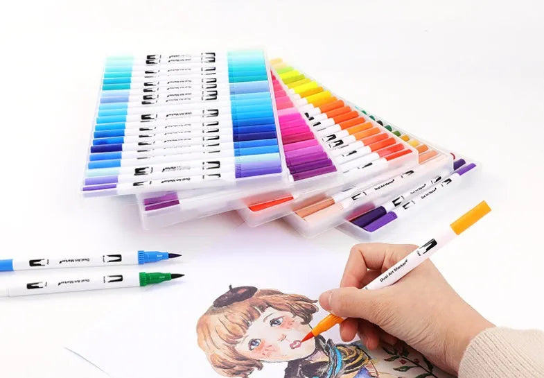 Watercolour pen sets in plastic cases showing 48, 60, 72, and 100 colour options for artists