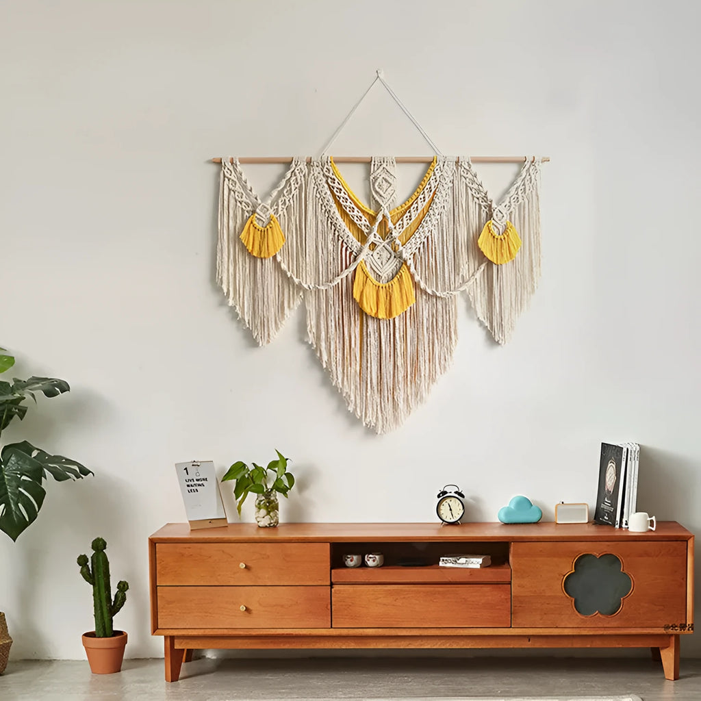 Nordic style cotton tapestry with hand-made weaving, creamy-white rectangle measuring 120cm by 95cm