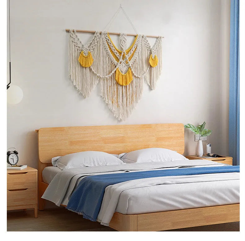 Nordic style cotton tapestry with hand-made weaving, creamy-white rectangle measuring 120cm by 95cm