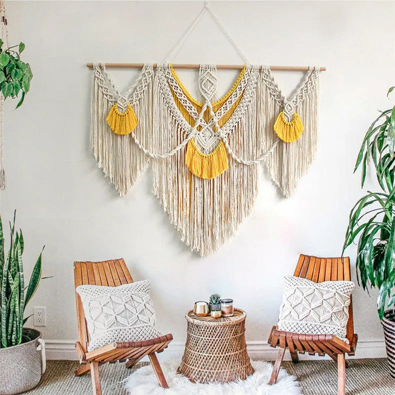 Nordic style cotton tapestry with hand-made weaving, creamy-white rectangle measuring 120cm by 95cm