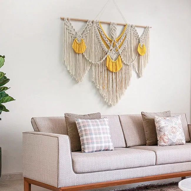 Nordic style cotton tapestry with hand-made weaving, creamy-white rectangle measuring 120cm by 95cm