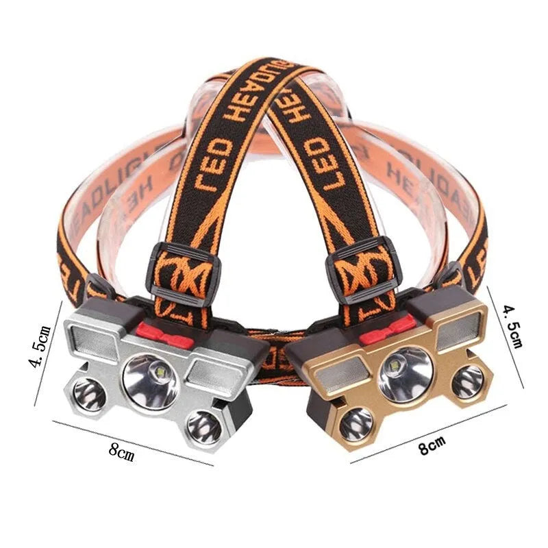 Super bright LED head-mounted miner's lamp with PVC housing and adjustable head strap.