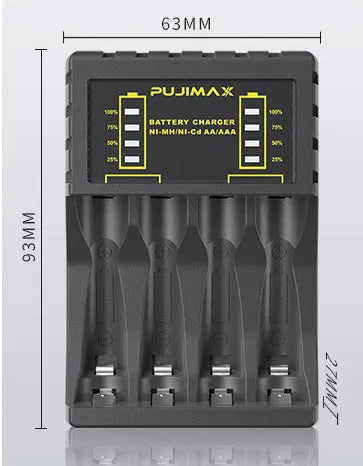 Household black Ni-MH battery charger with LCD screen showing charging status for AA and AAA batteries