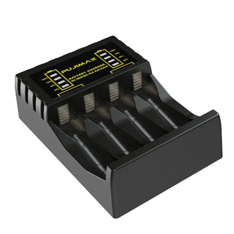 Household black Ni-MH battery charger with LCD screen showing charging status for AA and AAA batteries