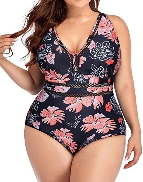 Black print plus size women's bikini swimsuit made from polyester mesh fabric, showing sleeveless design.