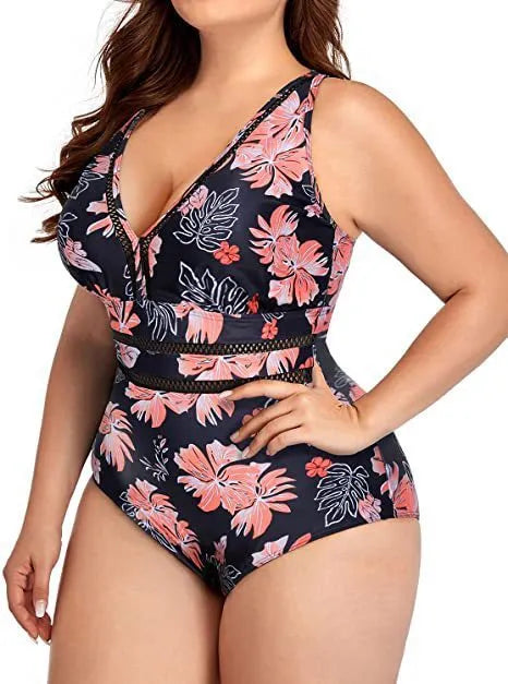 Black print plus size women's bikini swimsuit made from polyester mesh fabric, showing sleeveless design.
