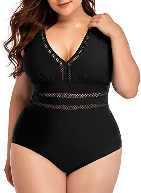 Black print plus size women's bikini swimsuit made from polyester mesh fabric, showing sleeveless design.