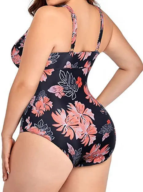 Black print plus size women's bikini swimsuit made from polyester mesh fabric, showing sleeveless design.