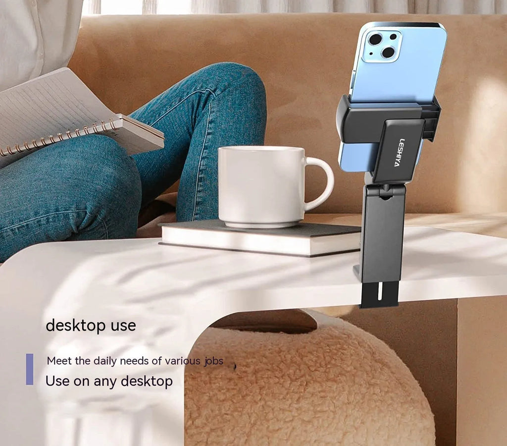 Foldable rotating universal phone holder in black, grey, or green colour showing its adjustable clamp and legs.