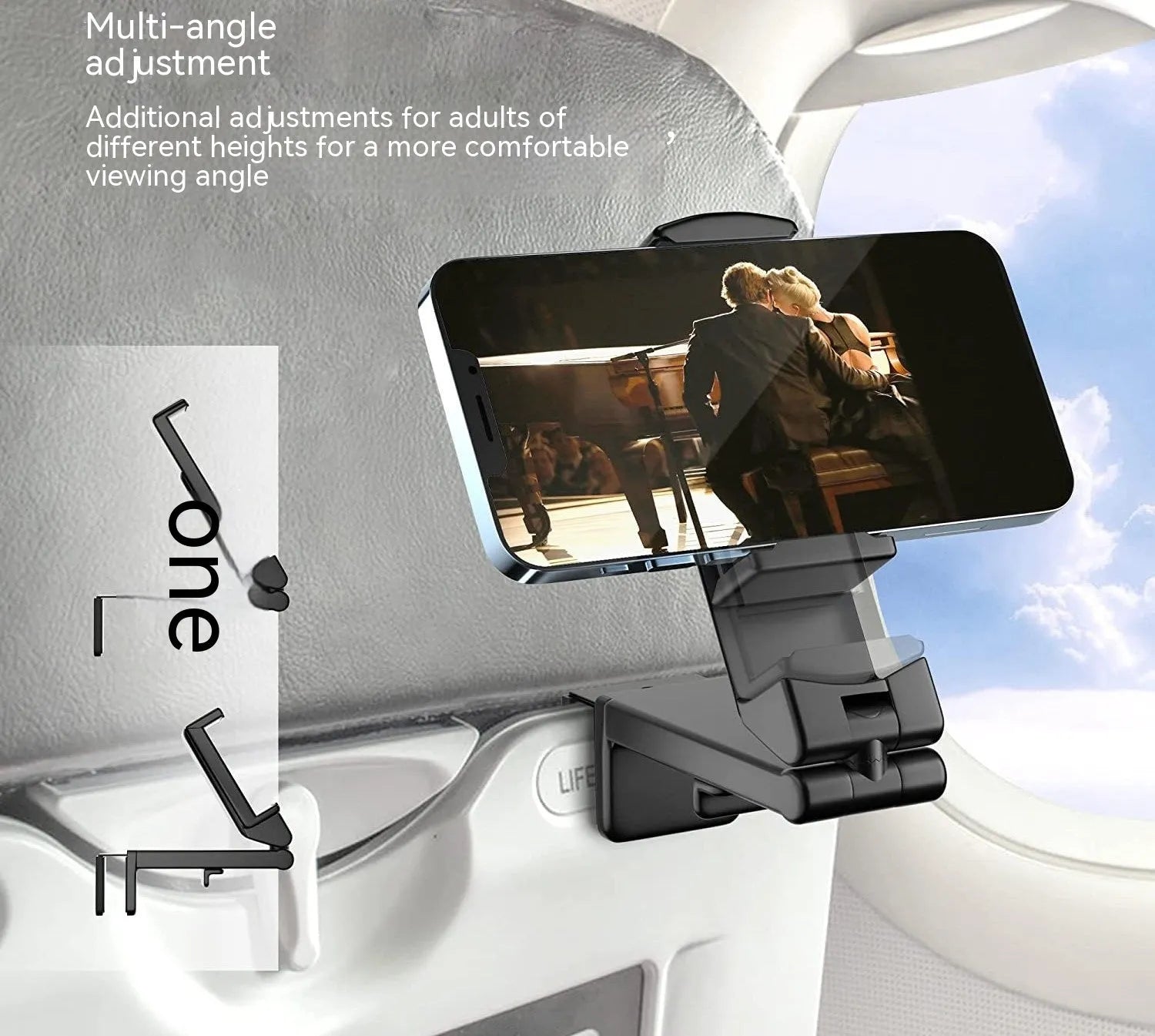 Foldable rotating universal phone holder in black, grey, or green colour showing its adjustable clamp and legs.
