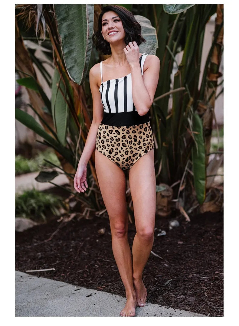 Leopard print women's one-piece swimsuit with asymmetric collar and high-waist brief