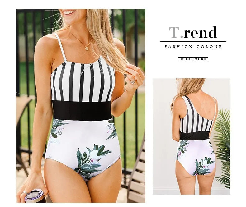 Leopard print women's one-piece swimsuit with asymmetric collar and high-waist brief
