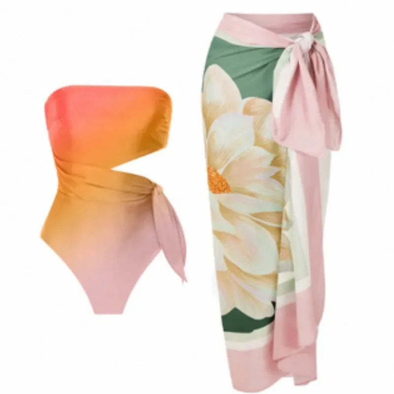 Women's printed one-piece swimsuit in French retro style with quick-dry polyester fabric