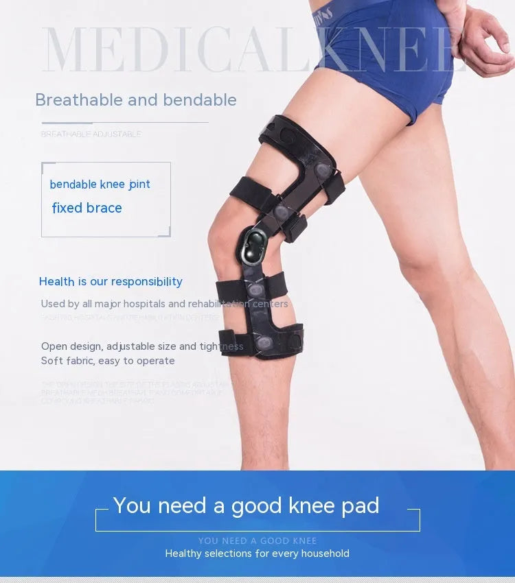 Black anterior ligament knee supporter showing sponge padding and brushed cloth lining, with size tags for left and right legs.