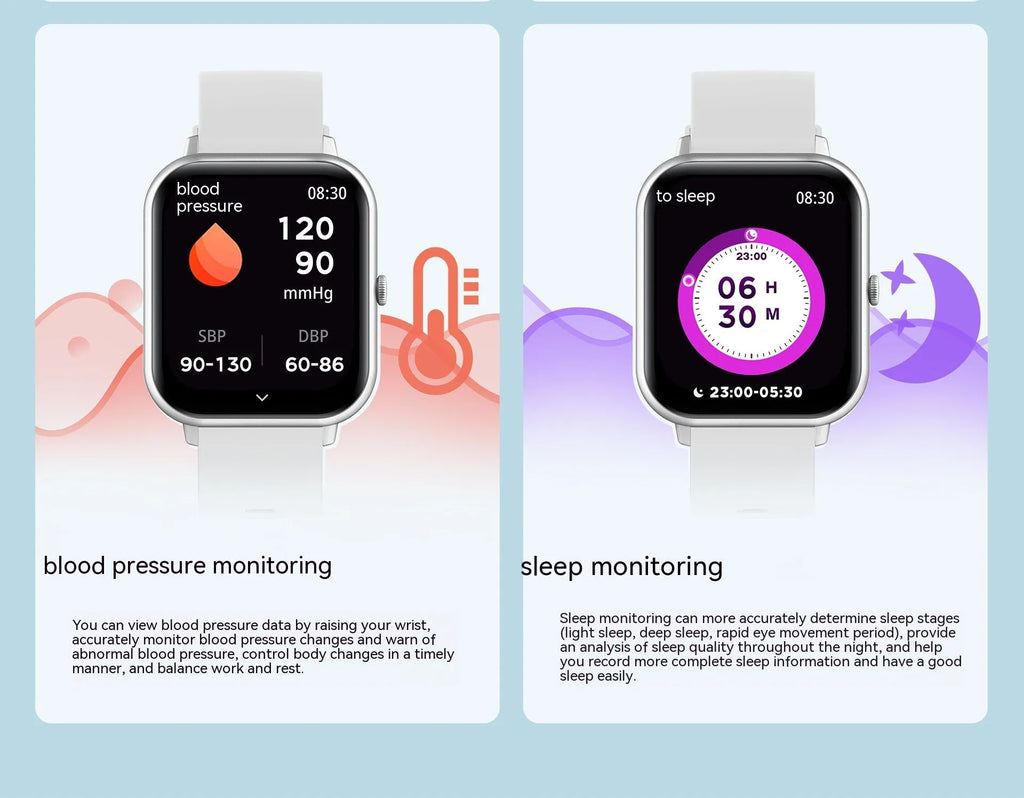 Bluetooth smart watch with heart rate monitor on wrist in black, pink, or silver grey colour.