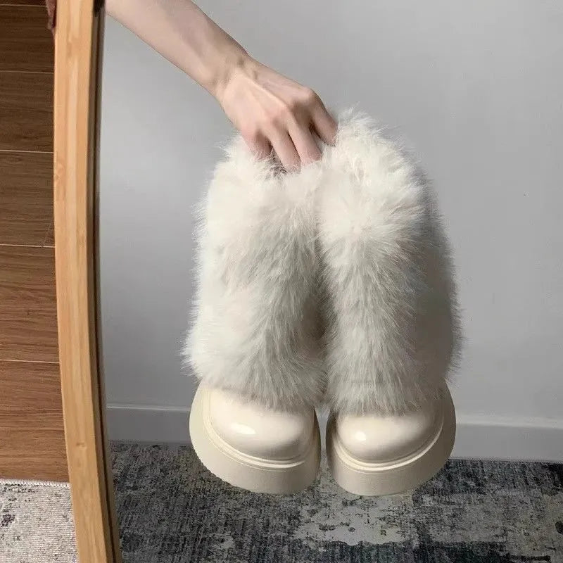Women's black artificial plush snow boots with fleece lining and waterproof platform sole