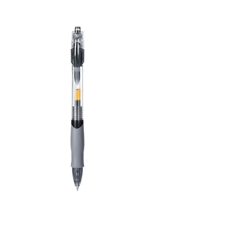 A black, blue, or red plastic gel pen with a 0.5mm tip, shown with black, red, and blue ink refills.
