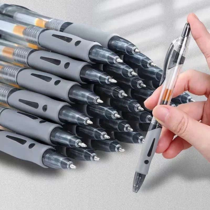 A black, blue, or red plastic gel pen with a 0.5mm tip, shown with black, red, and blue ink refills.