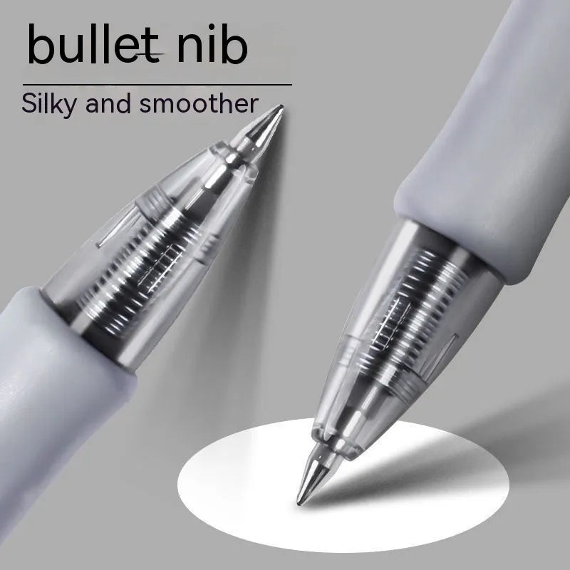A black, blue, or red plastic gel pen with a 0.5mm tip, shown with black, red, and blue ink refills.